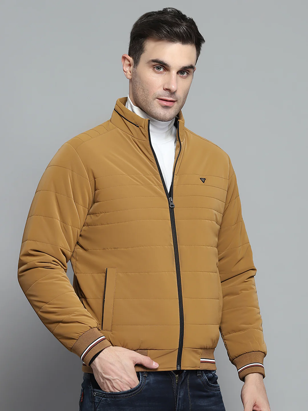 Men Mustard Solid Mock Neck Full Sleeve Jacket - Image 4