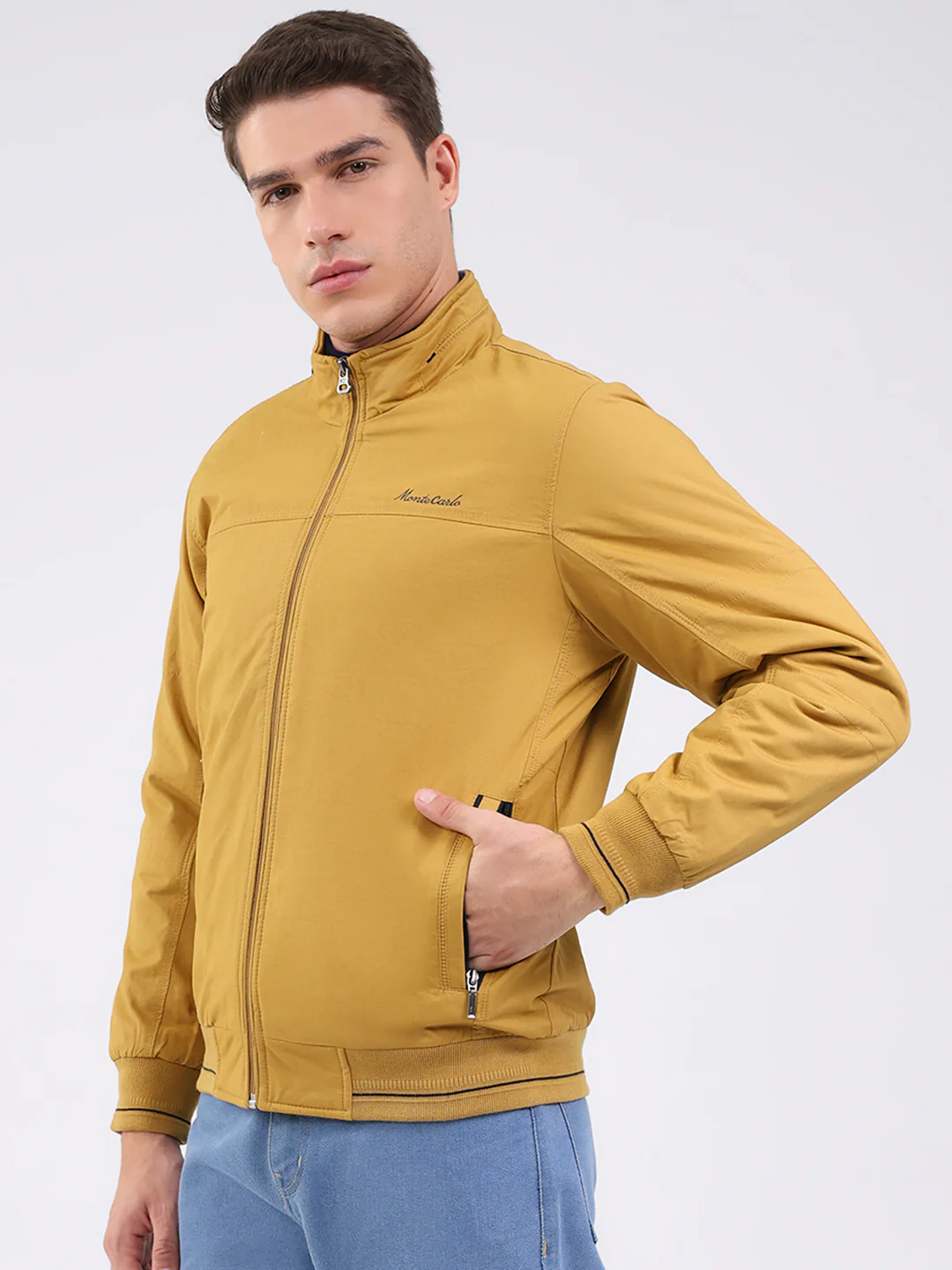 Men Mustard Solid Mock Neck Full Sleeve Jacket - Image 3