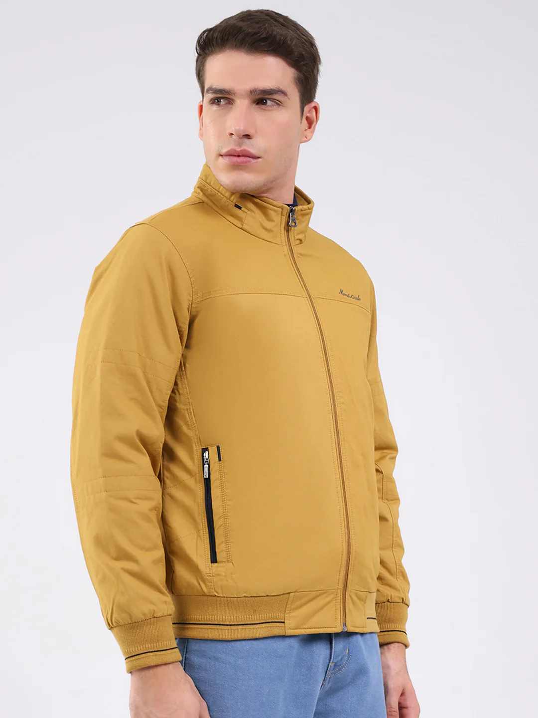 Men Mustard Solid Mock Neck Full Sleeve Jacket - Image 4