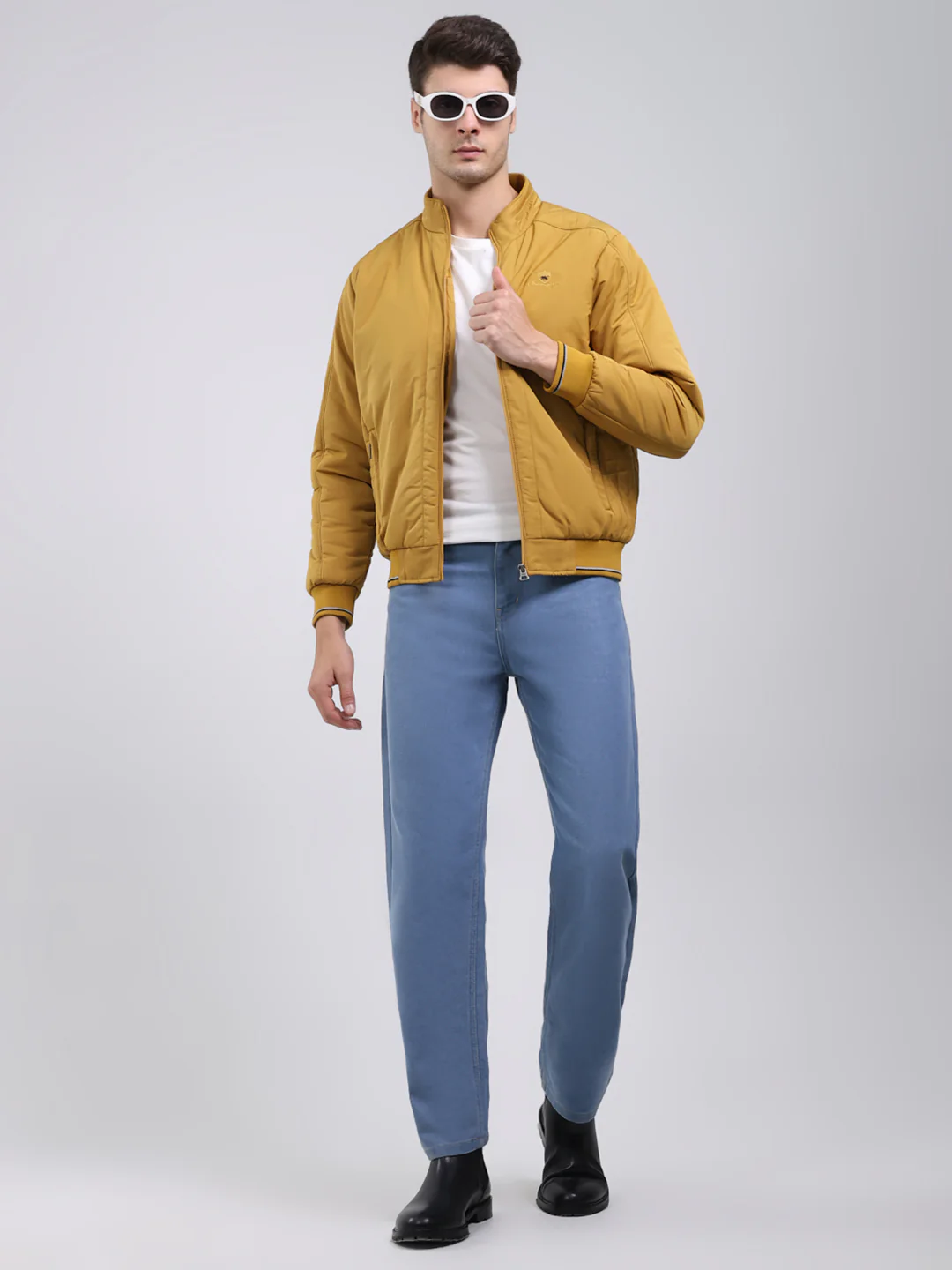 Men Mustard Solid Mock Neck Full Sleeve Jacket - Image 2