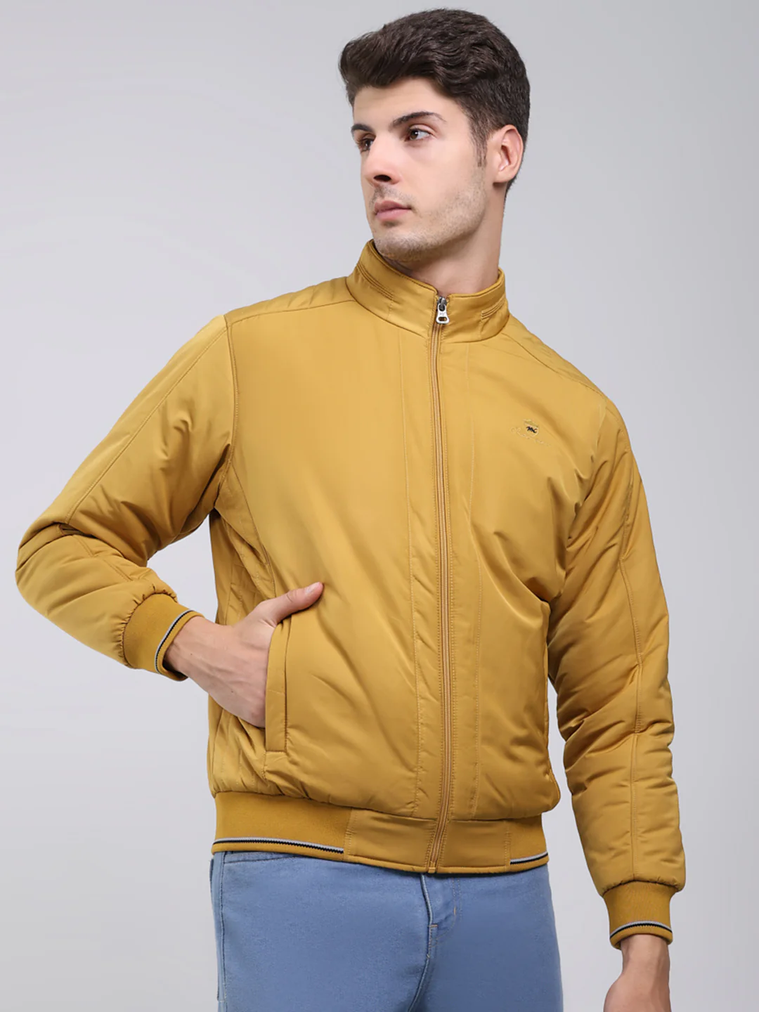 Men Mustard Solid Mock Neck Full Sleeve Jacket - Image 4
