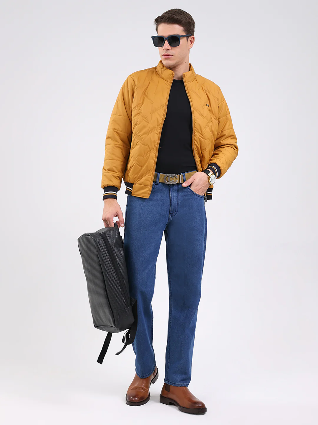 Men Mustard Solid Mock Neck Full Sleeve Jacket - Image 2