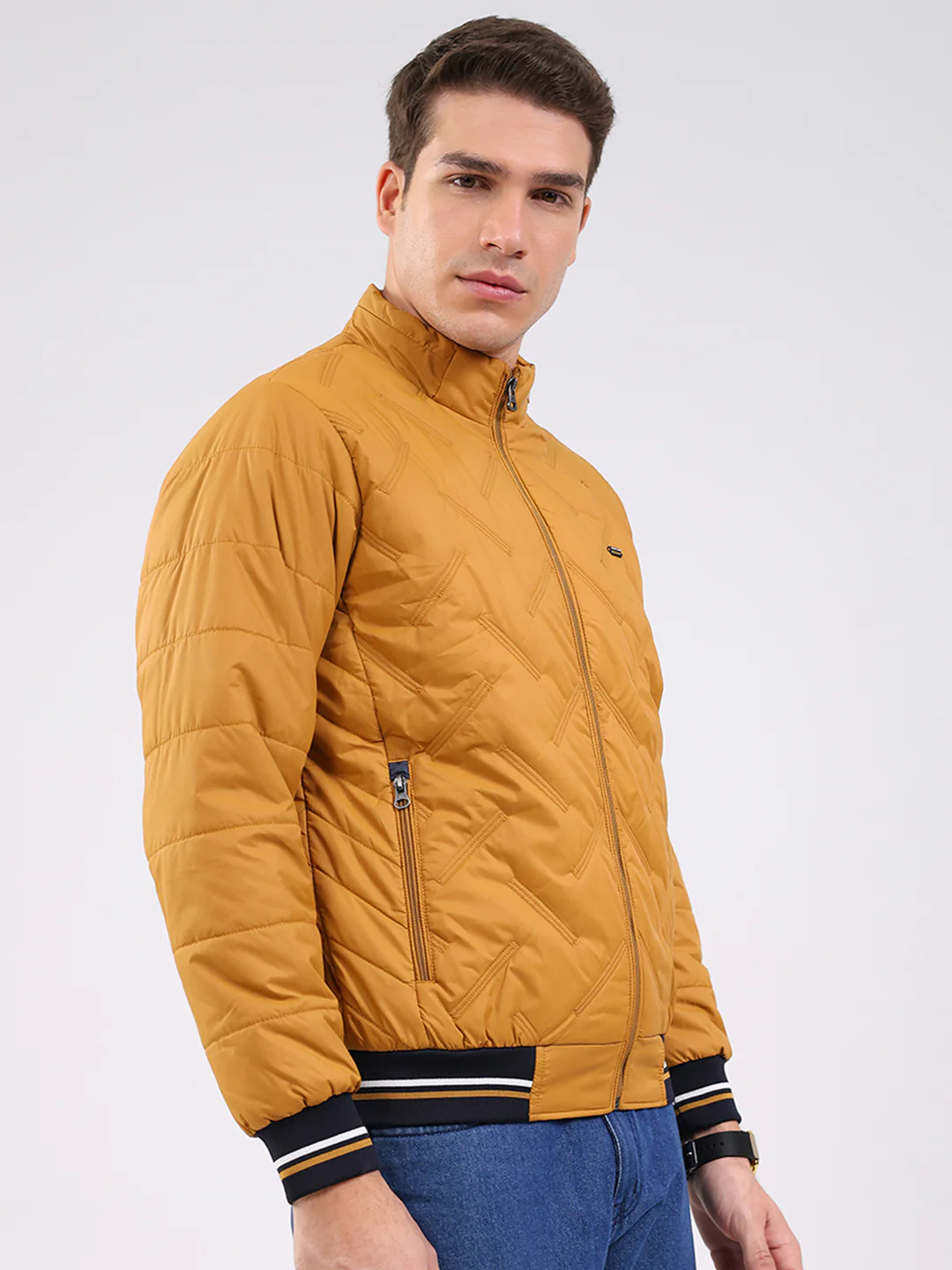 Men Mustard Solid Mock Neck Full Sleeve Jacket - Image 4