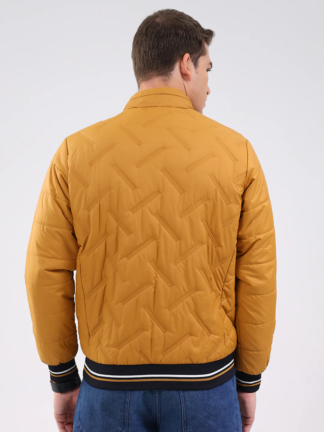 Men Mustard Solid Mock Neck Full Sleeve Jacket - Image 5