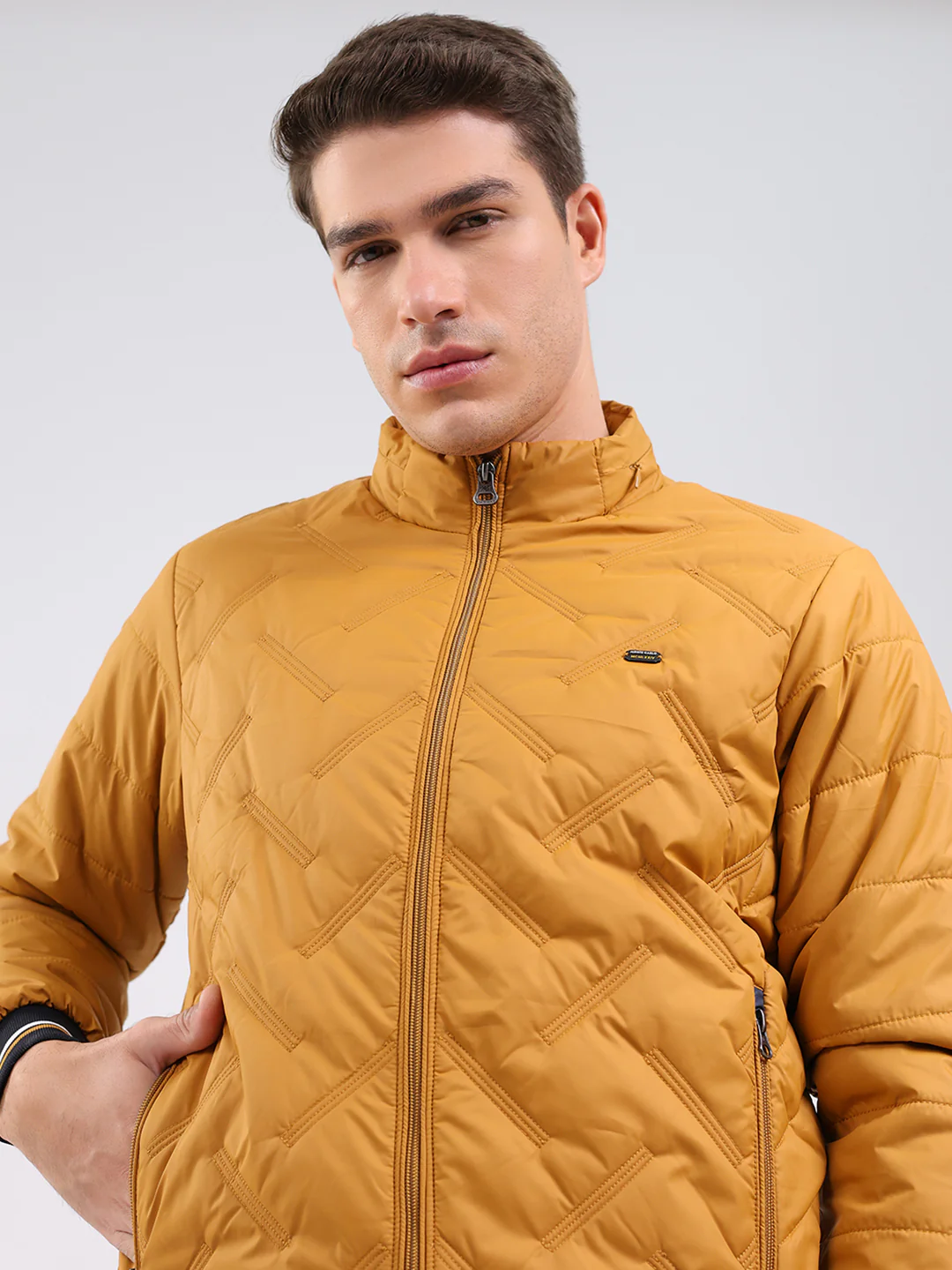 Men Mustard Solid Mock Neck Full Sleeve Jacket - Image 6