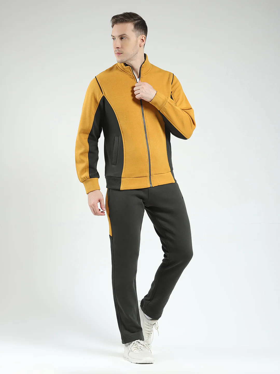 Men Mustard Solid Mock Neck Full Sleeve Winter Tracksuit - Image 4