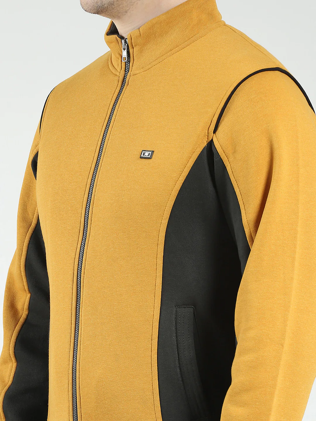 Men Mustard Solid Mock Neck Full Sleeve Winter Tracksuit - Image 7