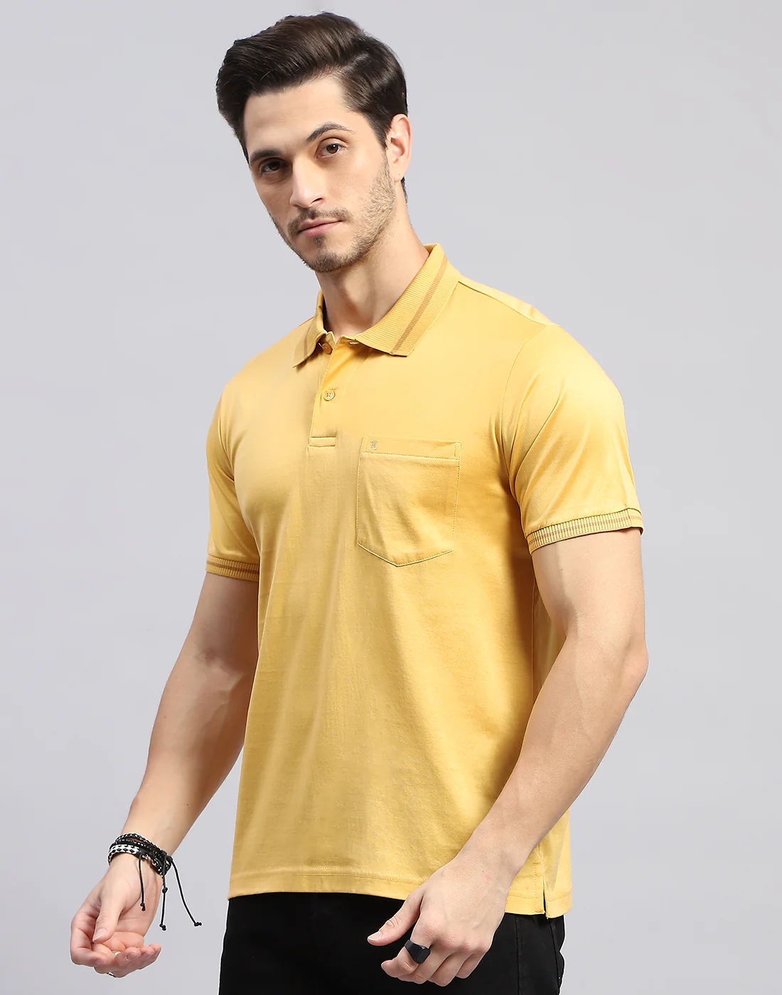 Men Mustard Solid Polo Collar Half Sleeve T-Shirt - Image 3
