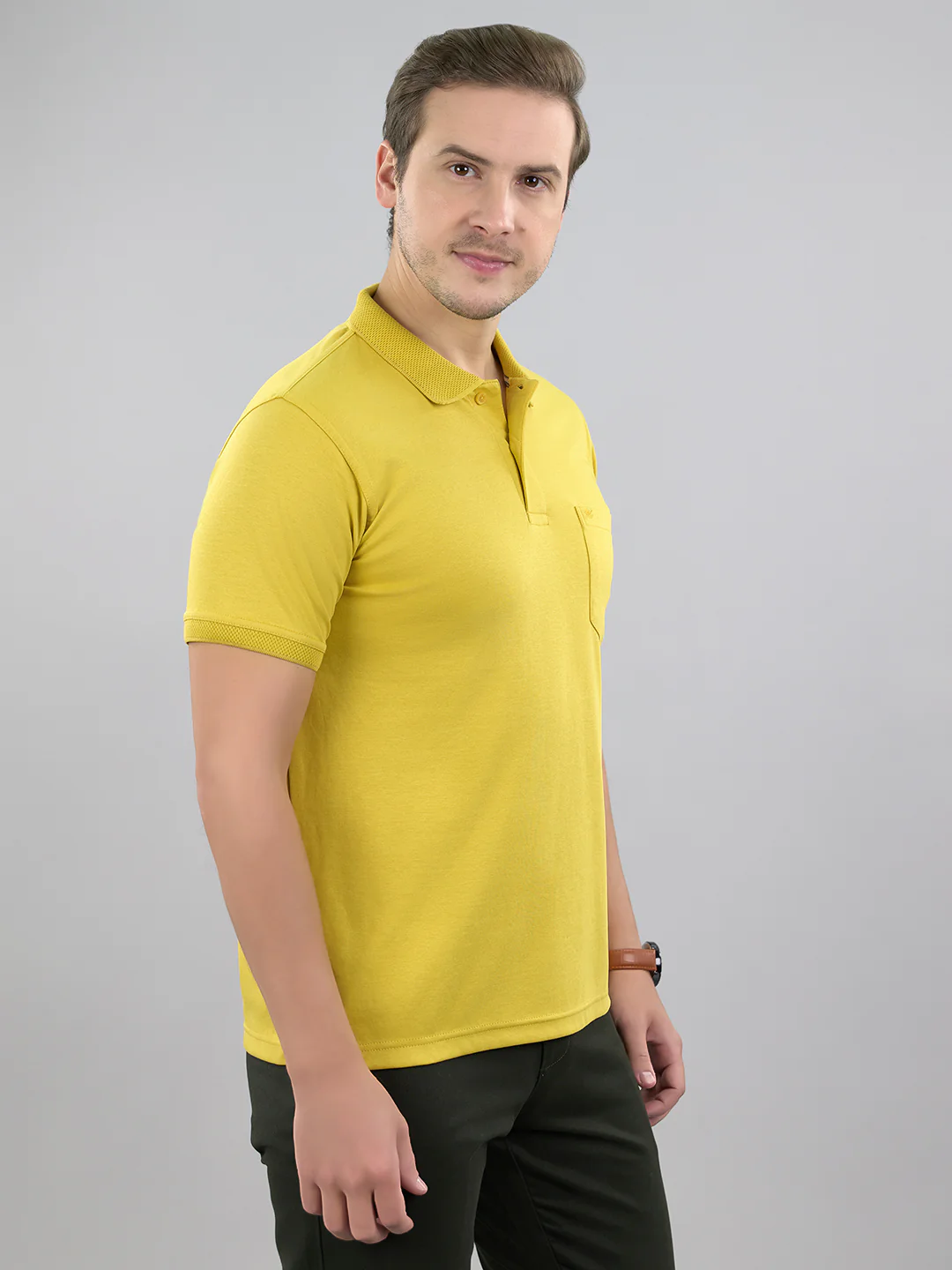 Men Mustard Solid Polo Collar Half Sleeve T-Shirt - Image 3
