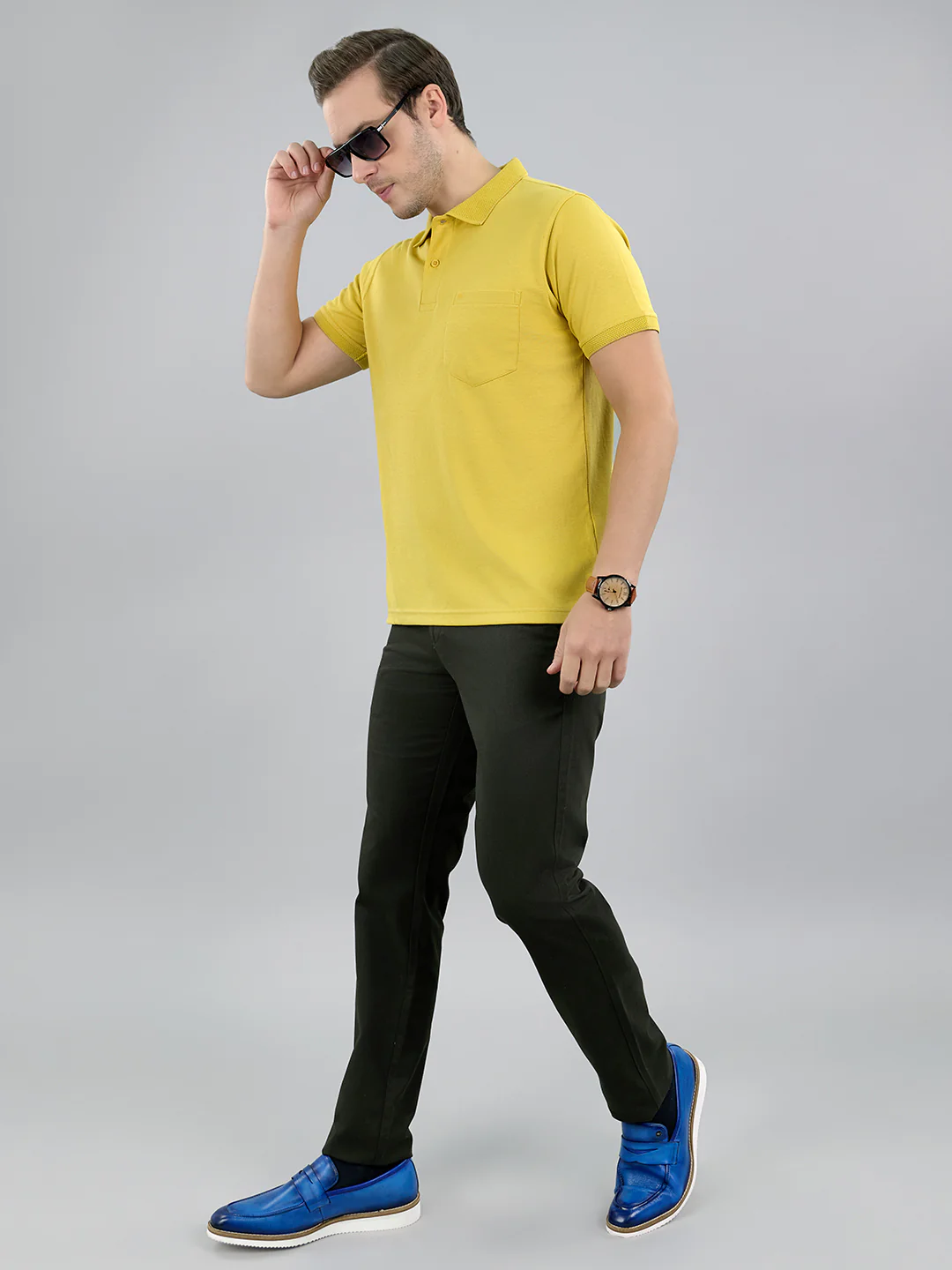 Men Mustard Solid Polo Collar Half Sleeve T-Shirt - Image 6