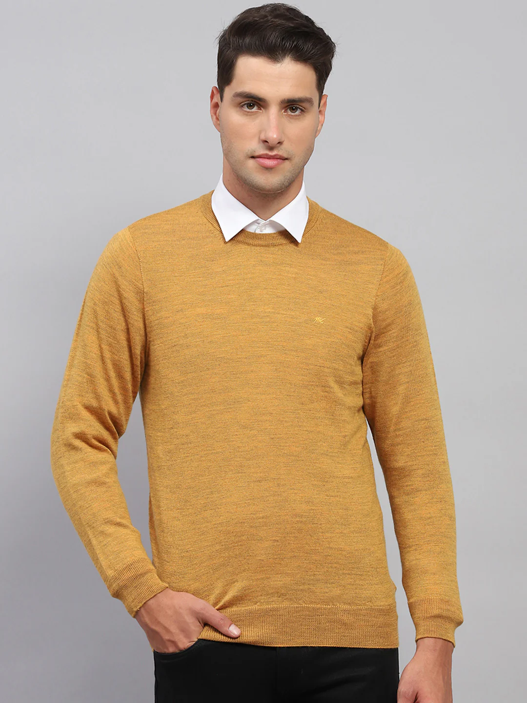 Men Mustard Solid Round Neck Full Sleeve Pullover - Image 2