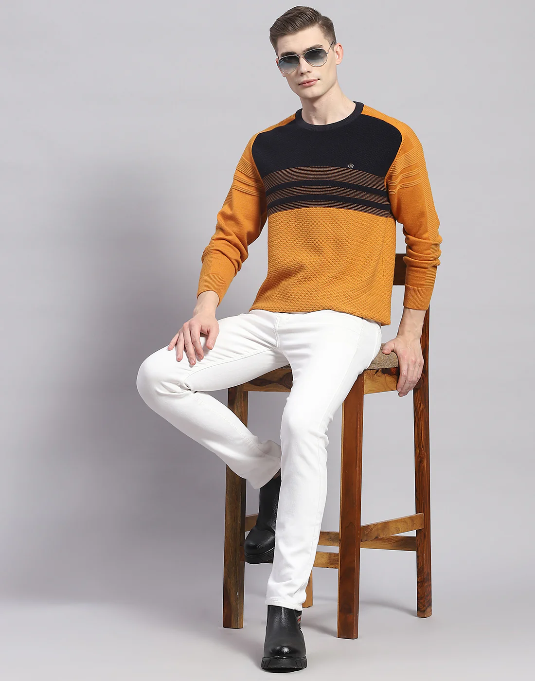 Men Mustard Solid Round Neck Full Sleeve Pullover - Image 2