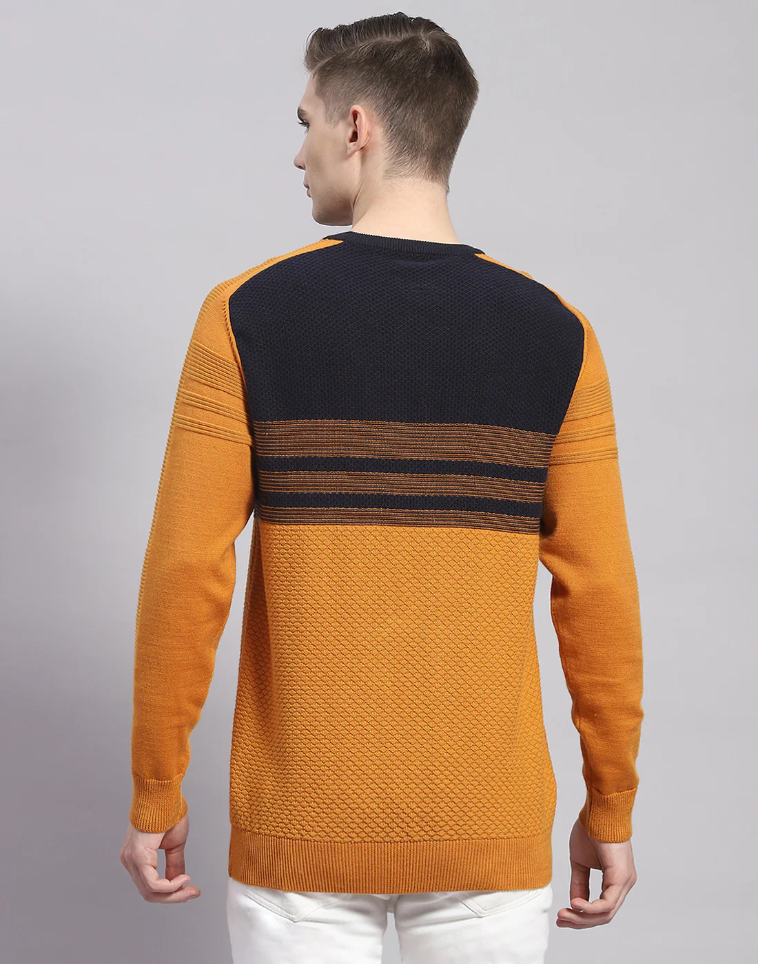 Men Mustard Solid Round Neck Full Sleeve Pullover - Image 6