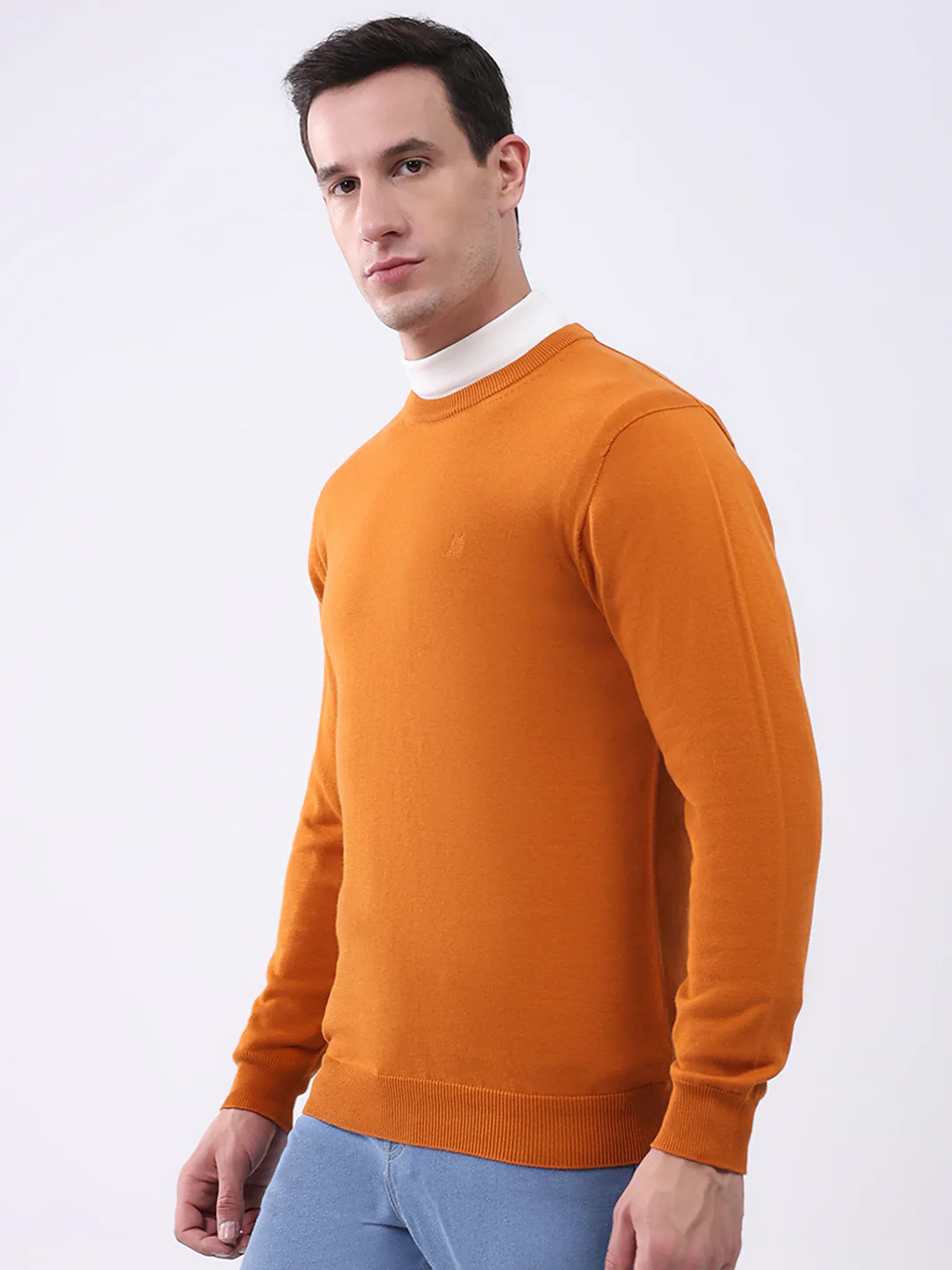 Men Mustard Solid Round Neck Full Sleeve Pullover - Image 3