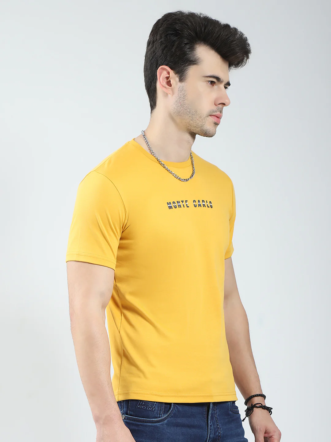 Men Mustard Solid Round Neck Half Sleeve T-Shirt - Image 4