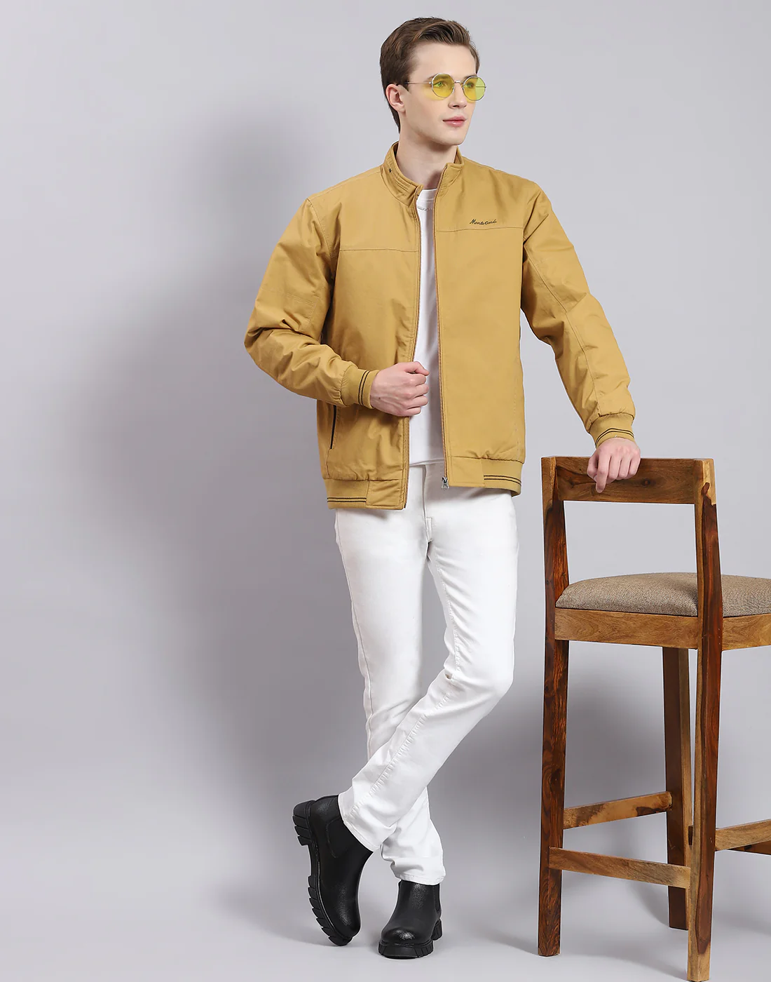 Men Mustard Solid Stand Collar Full Sleeve Jacket - Image 2