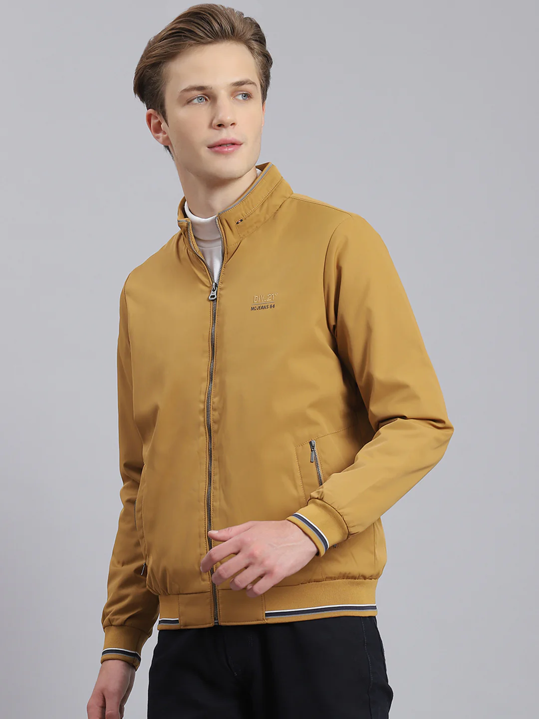 Men Mustard Solid Stand Collar Full Sleeve Jacket - Image 2