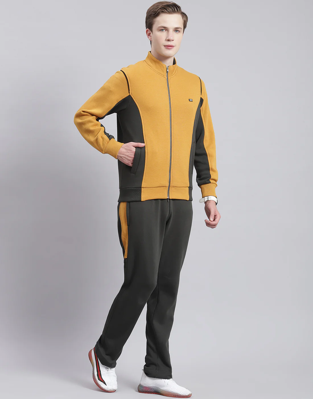 Men Mustard Solid Stand Collar Full Sleeve Tracksuit - Image 4