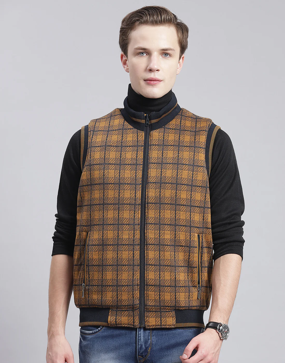 Men Mustard Solid Stand Collar Sleeveless Jacket - Image 2