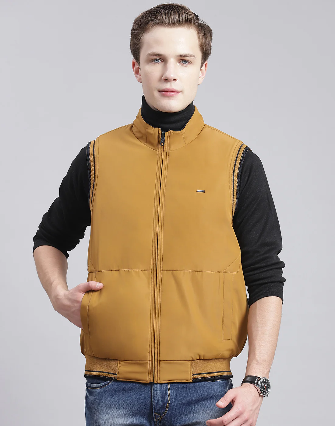 Men Mustard Solid Stand Collar Sleeveless Jacket - Image 4