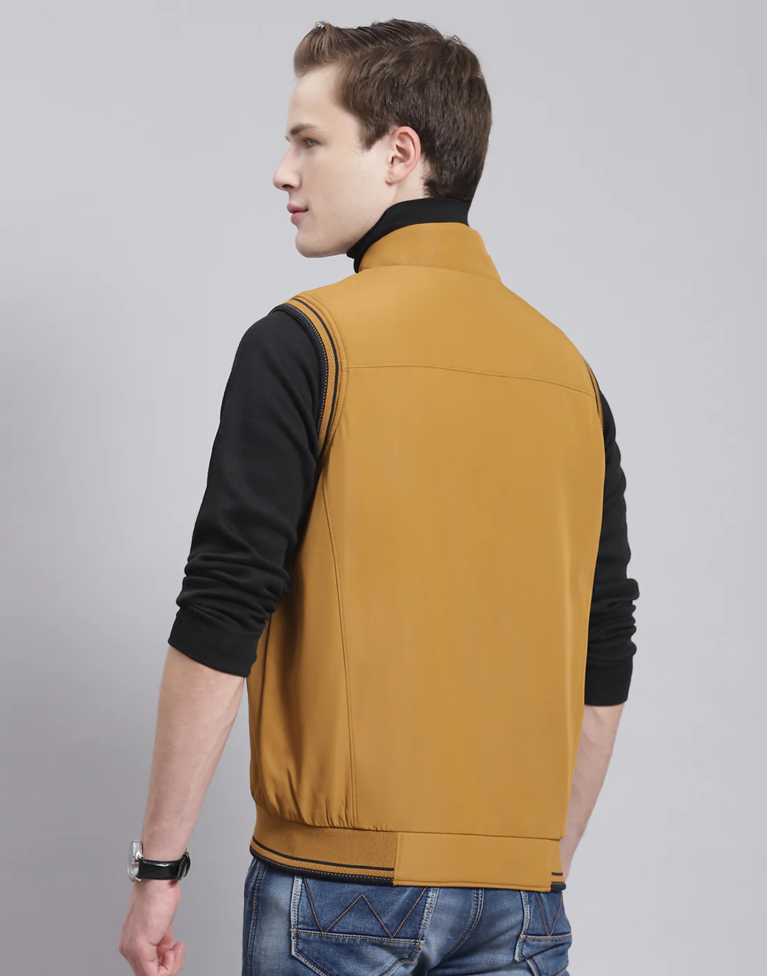 Men Mustard Solid Stand Collar Sleeveless Jacket - Image 6