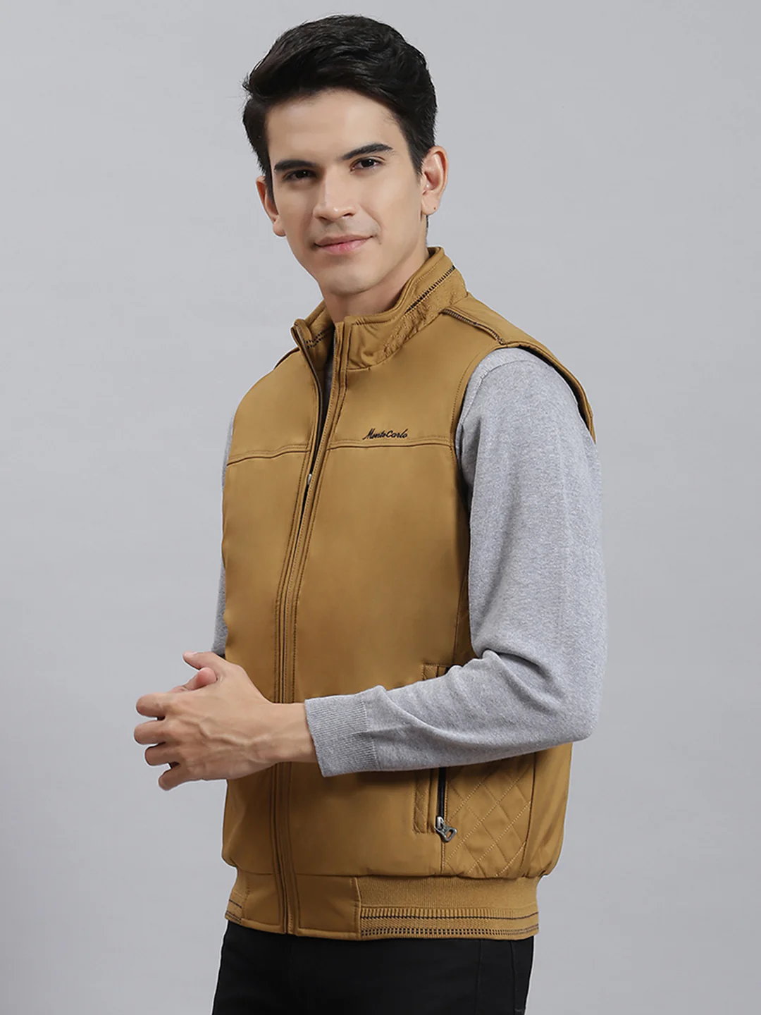 Men Mustard Solid Stand Collar Sleeveless Jackets - Image 3