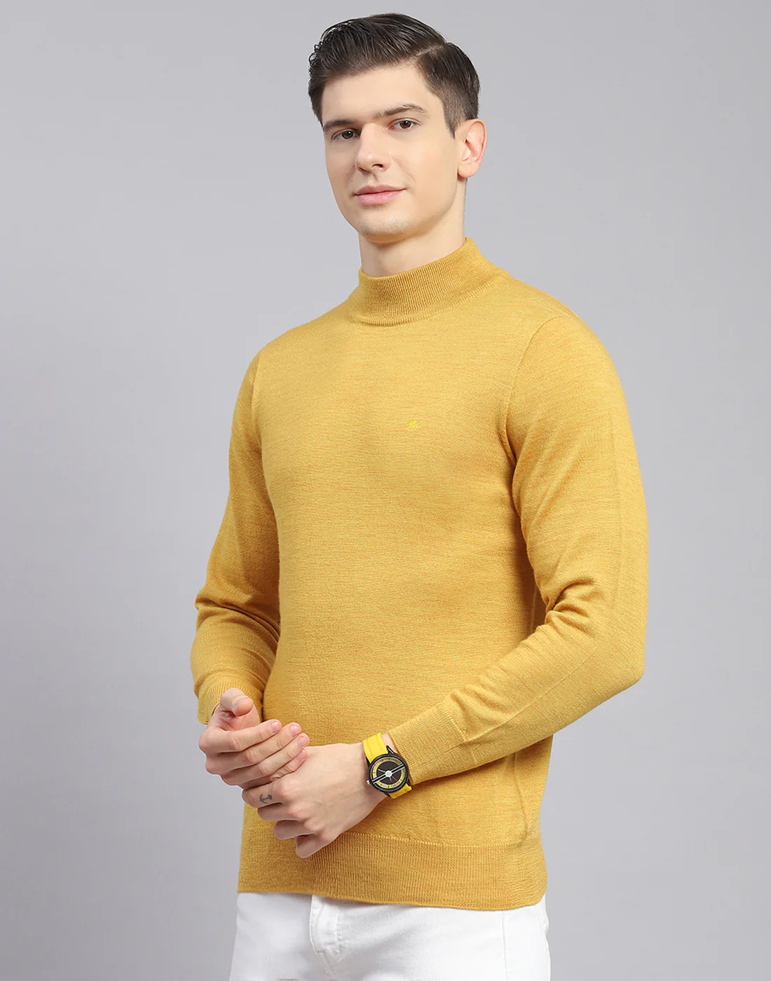 Men Mustard Solid T Neck Full Sleeve Sweater - Image 4
