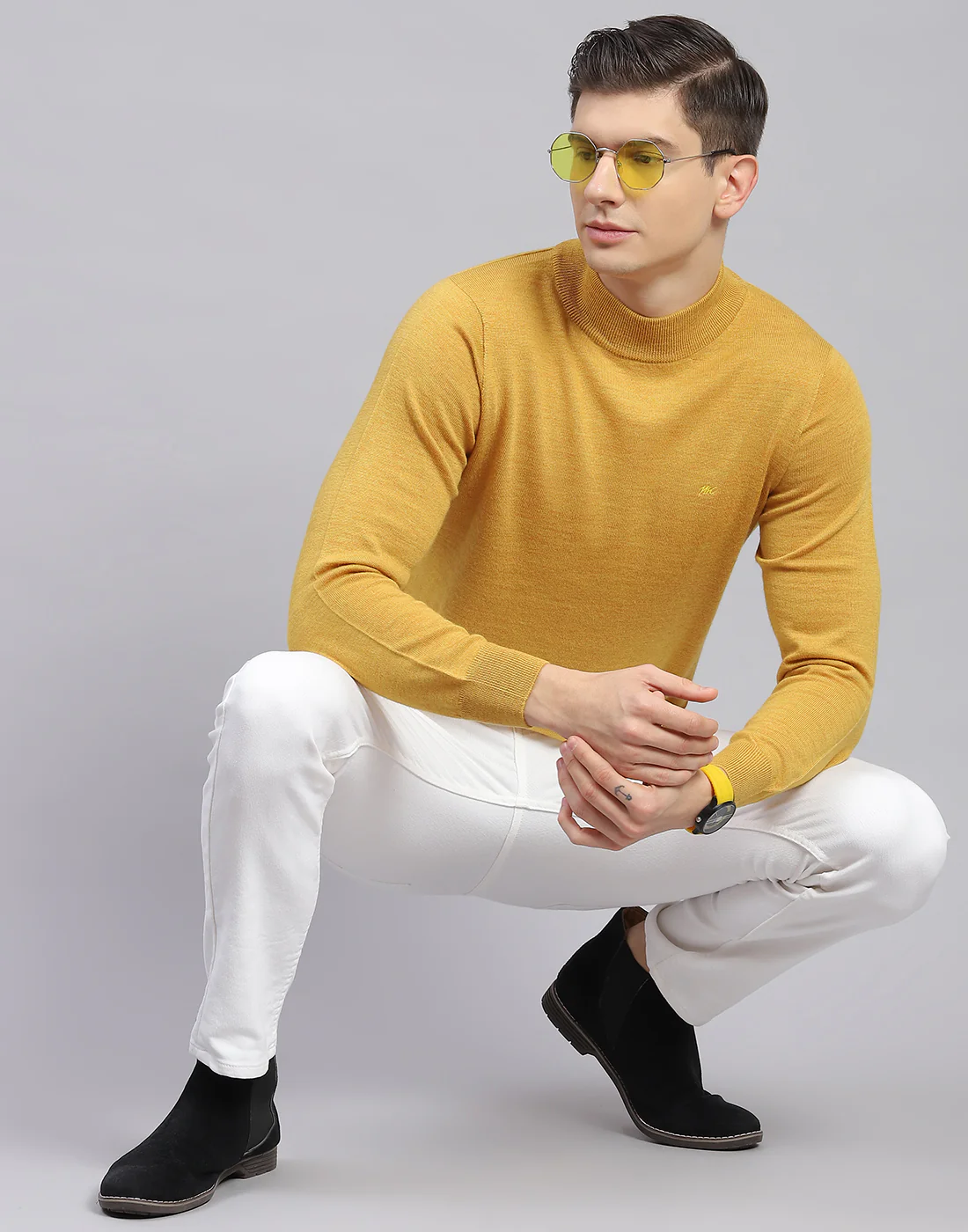 Men Mustard Solid Turtle Neck Full Sleeve Pullover - Image 6