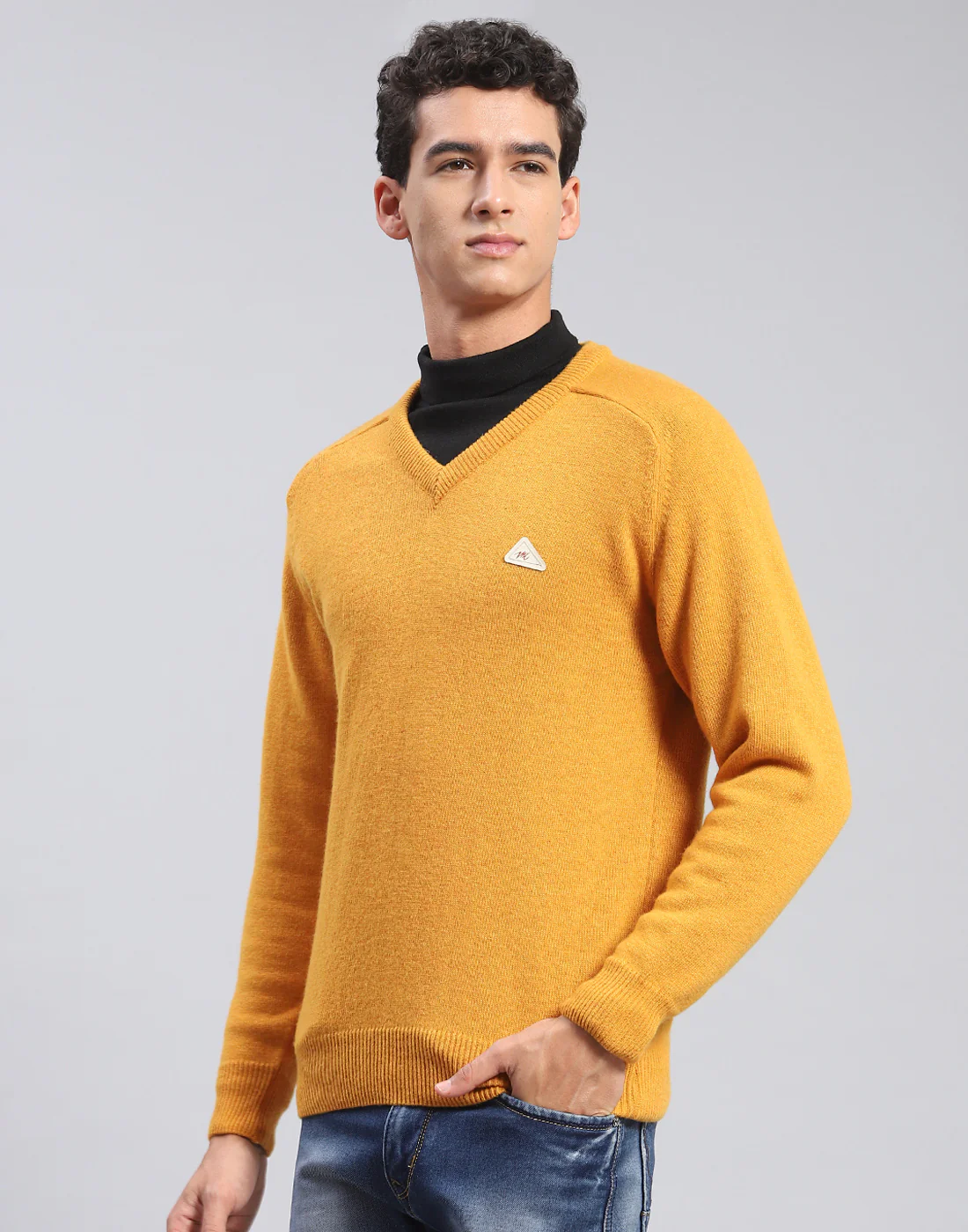 Men Mustard Solid V Neck Full Sleeve Pullover - Image 3