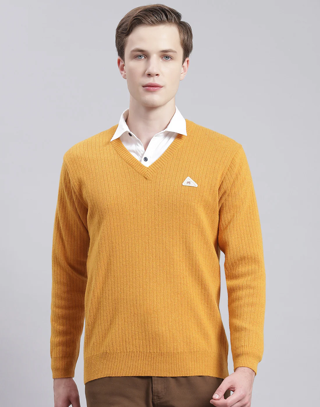 Men Mustard Solid V Neck Full Sleeve Pullover - Image 2