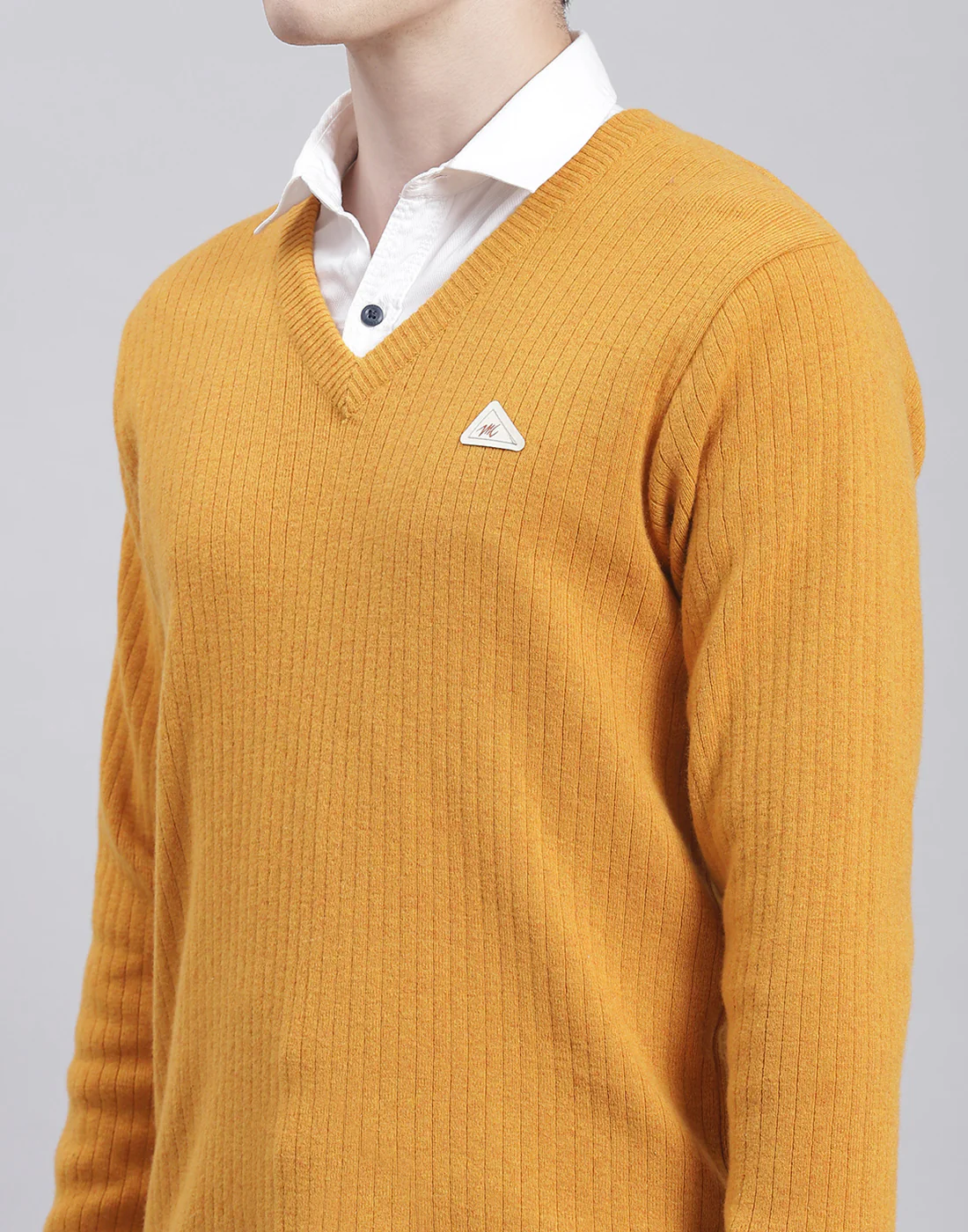 Men Mustard Solid V Neck Full Sleeve Pullover - Image 6