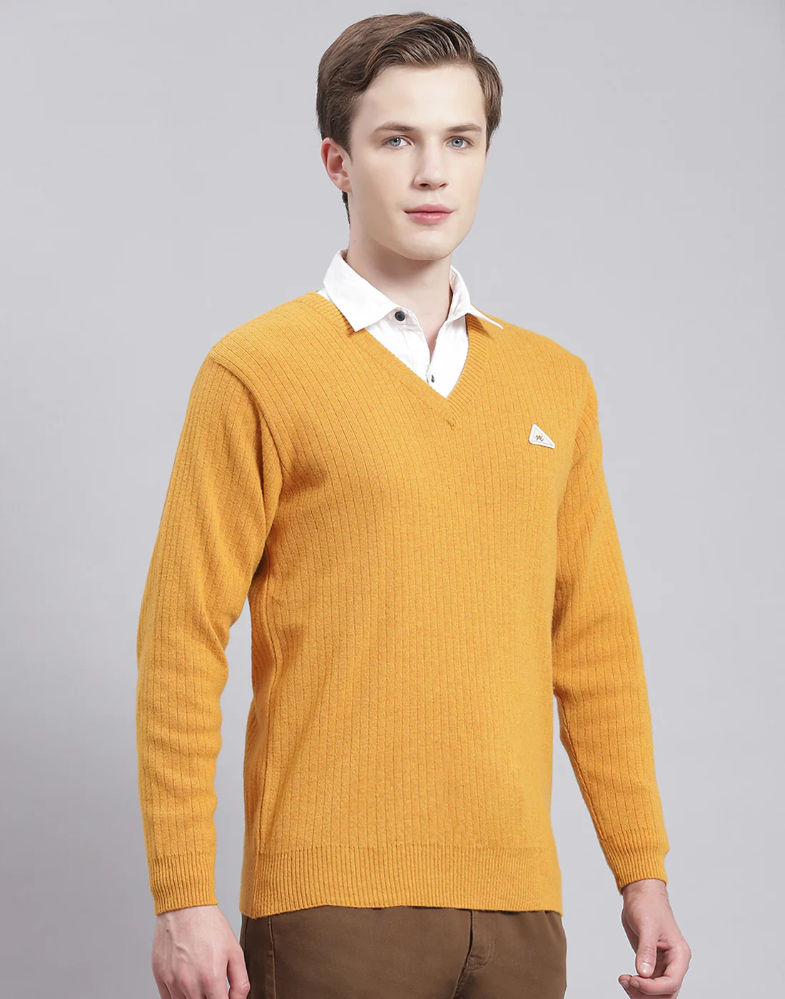 Men Mustard Solid V Neck Full Sleeve Sweater - Image 4