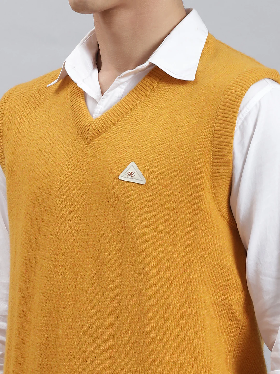 Men Mustard Solid V Neck Sleeveless Sweaters/Pullovers - Image 6