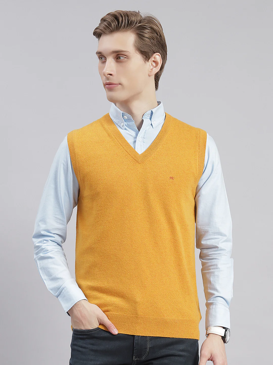 Men Mustard Solid V Neck Sleeveless Sweaters/Pullovers - Image 2
