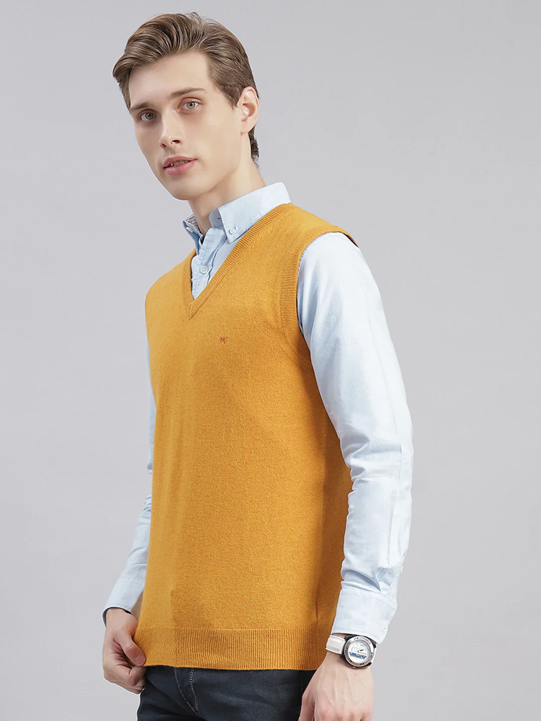 Men Mustard Solid V Neck Sleeveless Sweaters/Pullovers - Image 3