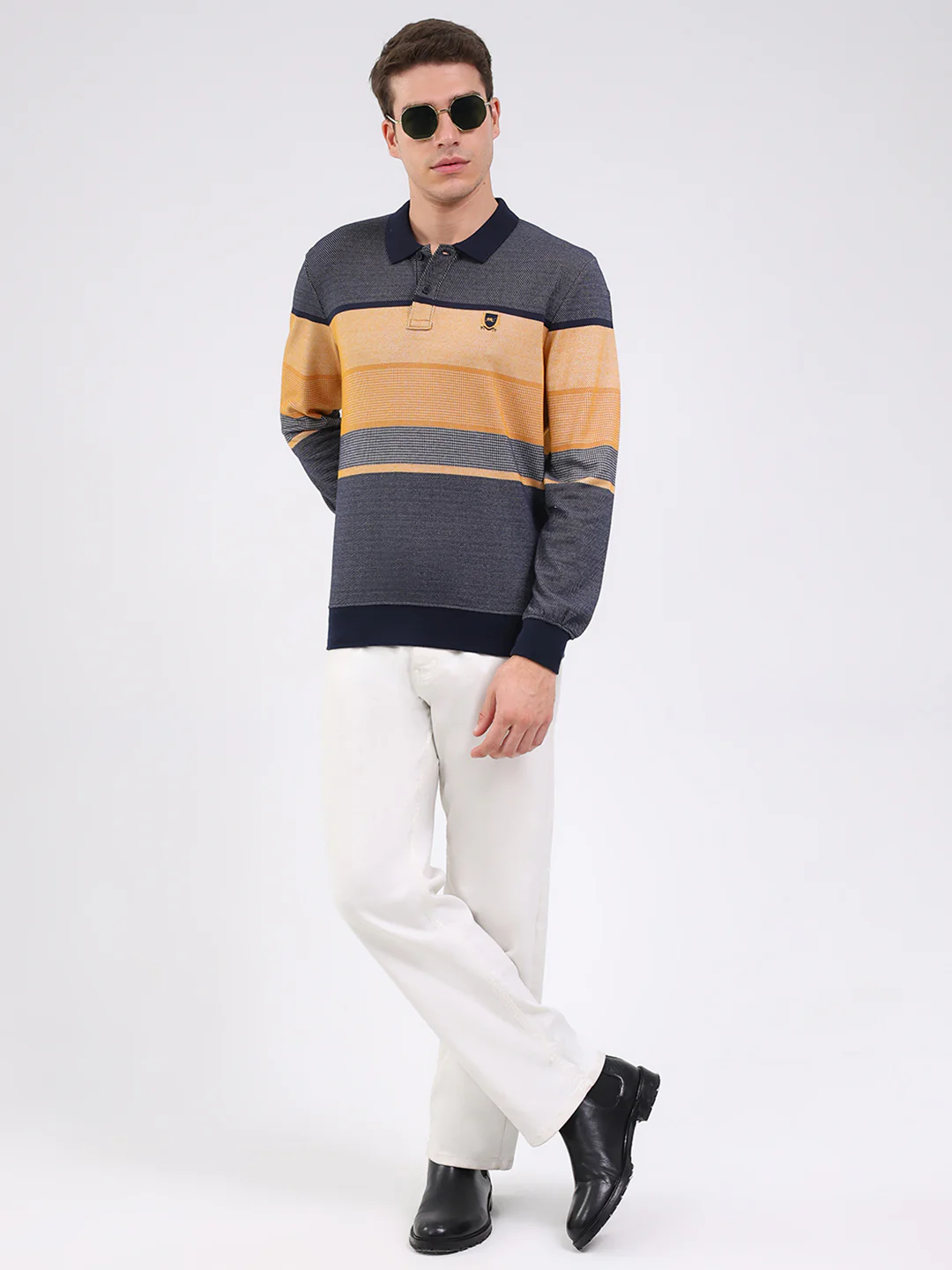 Men Mustard Stripe Collar Full Sleeve Winter T-Shirt - Image 2