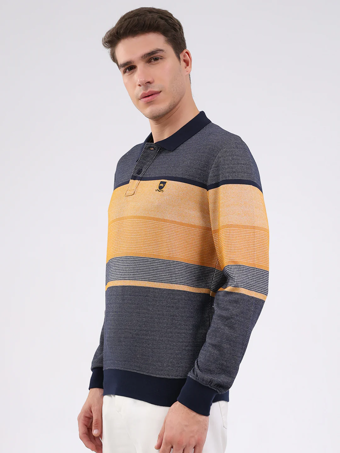 Men Mustard Stripe Collar Full Sleeve Winter T-Shirt - Image 3