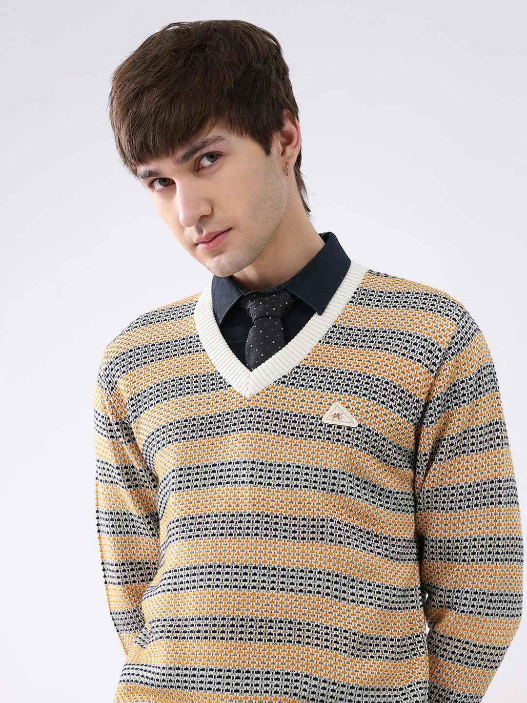Men Mustard & White Self Design V Neck Full Sleeve Pullover - Image 7