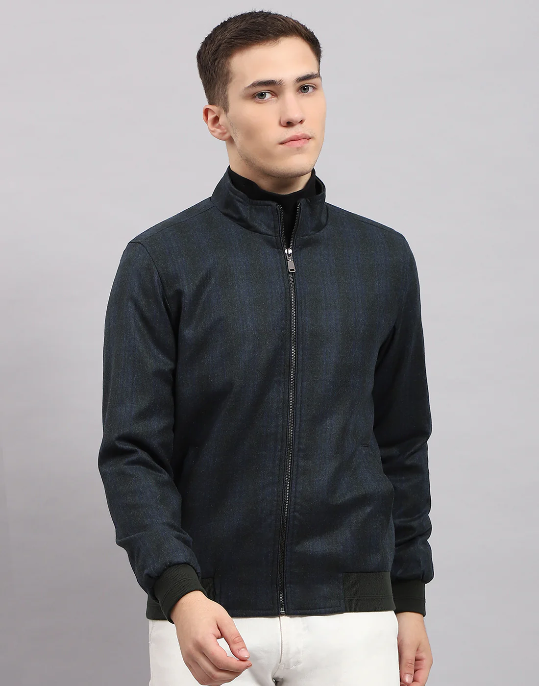 Men Navy Blue Check Band Collar Full Sleeve Jacket - Image 2