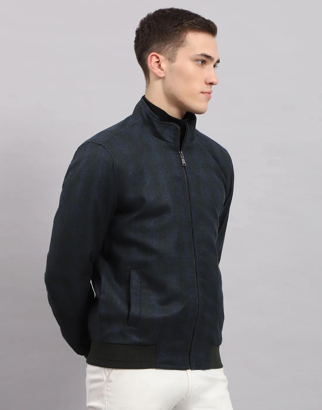 Men Navy Blue Check Band Collar Full Sleeve Jacket - Image 4