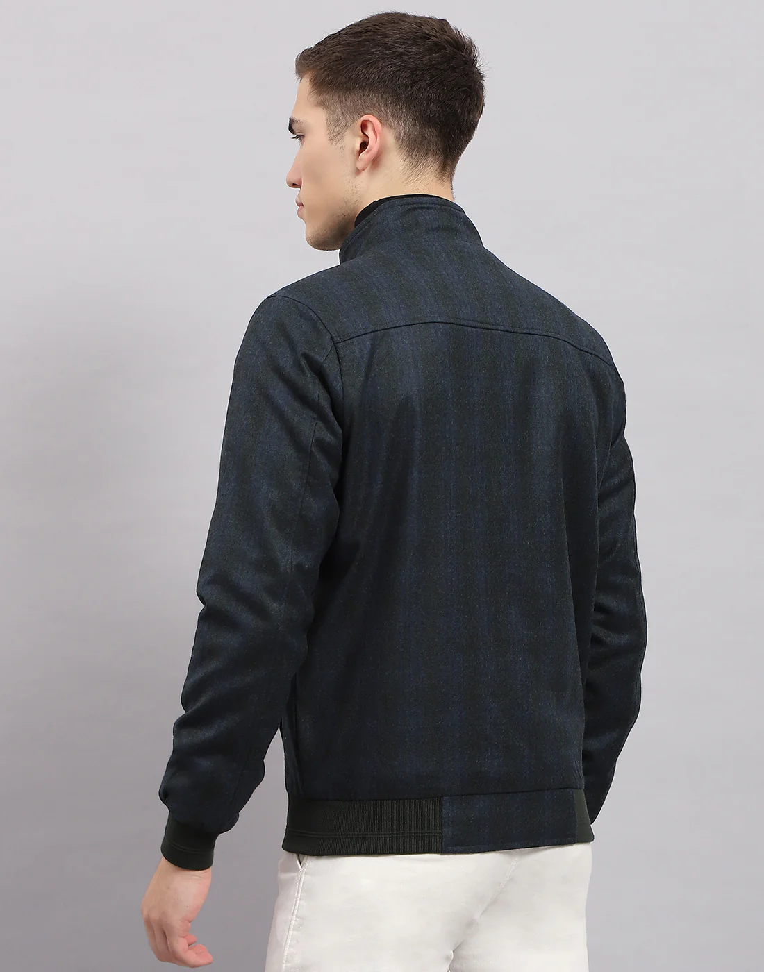 Men Navy Blue Check Band Collar Full Sleeve Jacket - Image 5