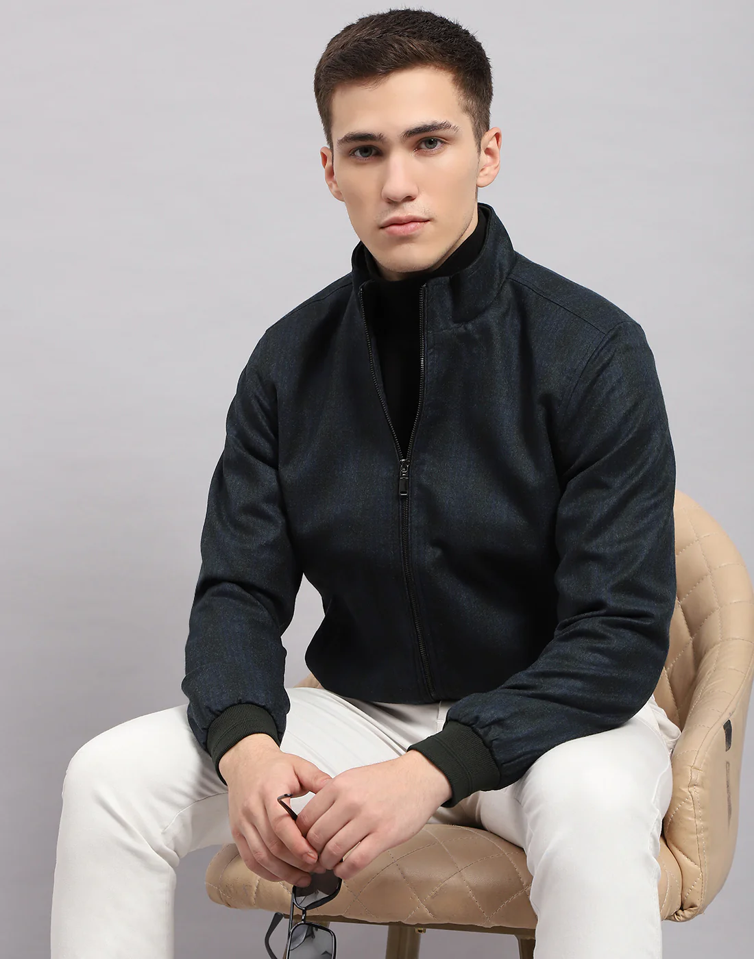 Men Navy Blue Check Band Collar Full Sleeve Jacket - Image 6