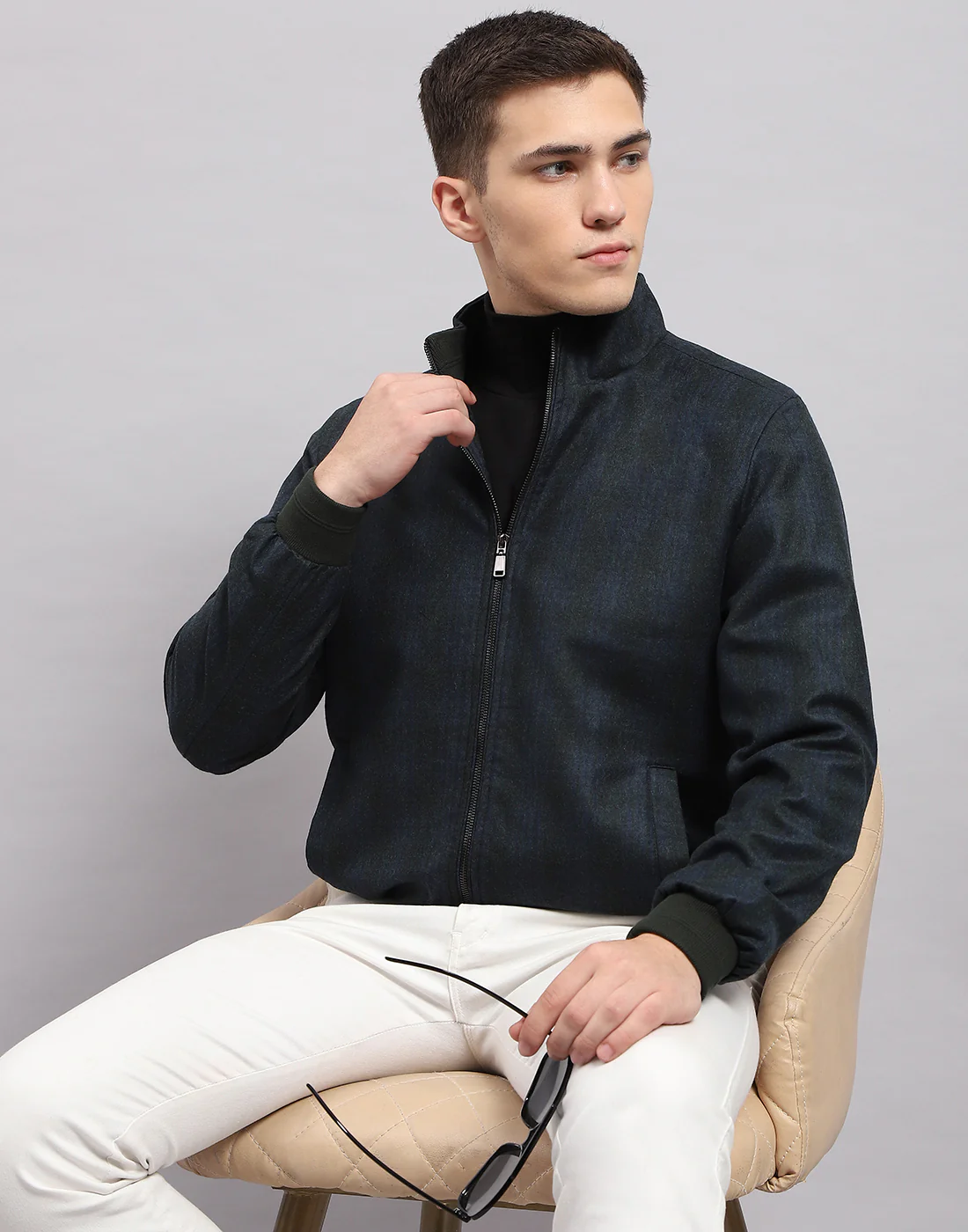 Men Navy Blue Check Band Collar Full Sleeve Jacket - Image 7