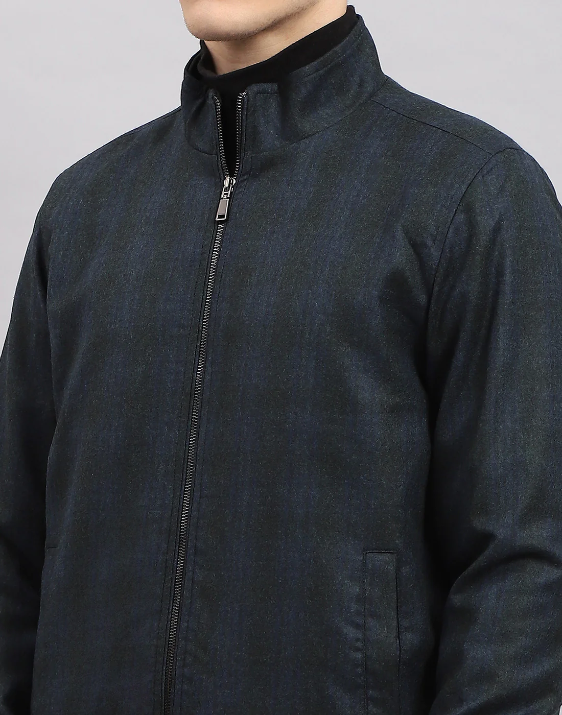 Men Navy Blue Check Band Collar Full Sleeve Jacket - Image 8