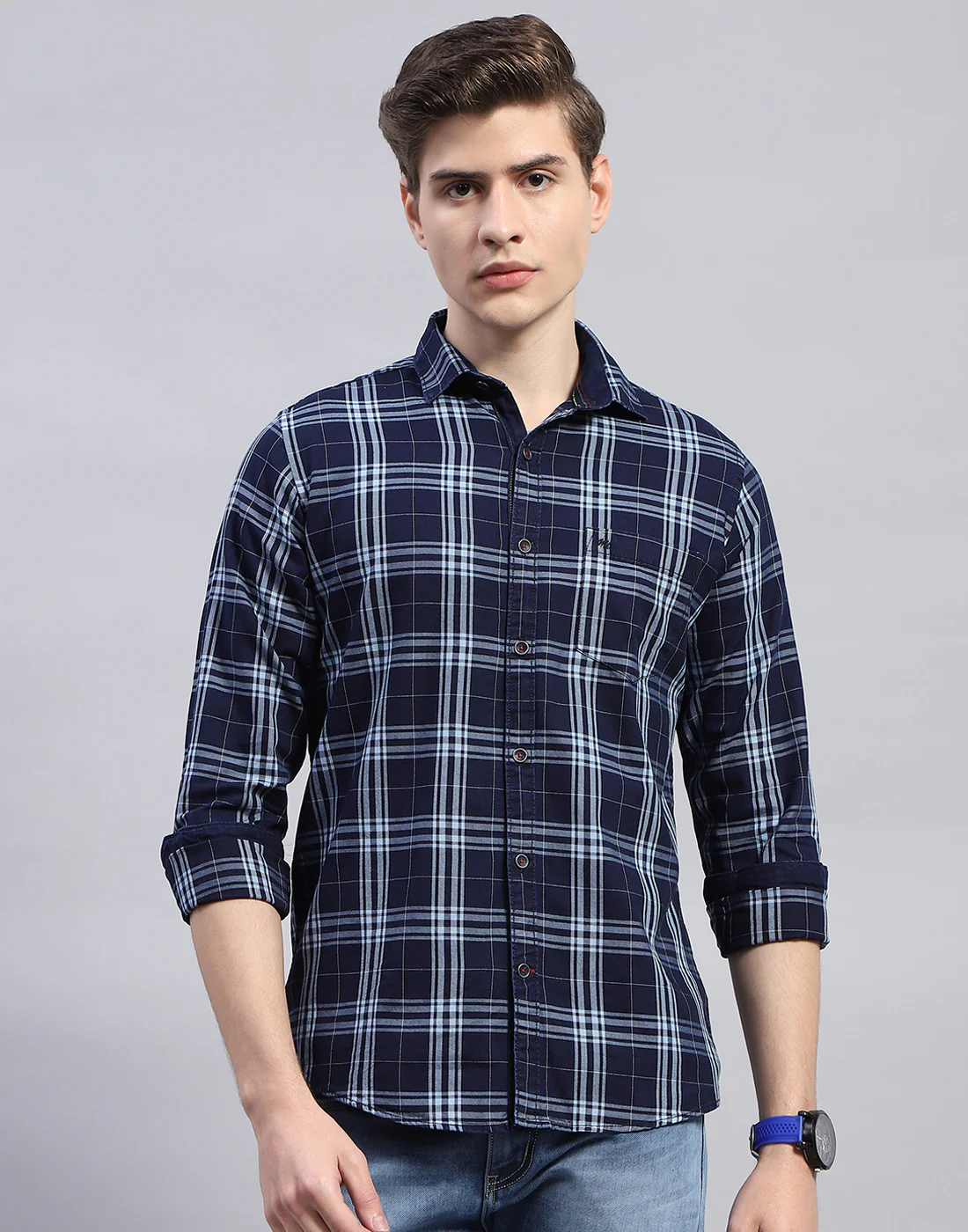 Men Navy Blue Check Collar Full Sleeve Shirt - Image 2