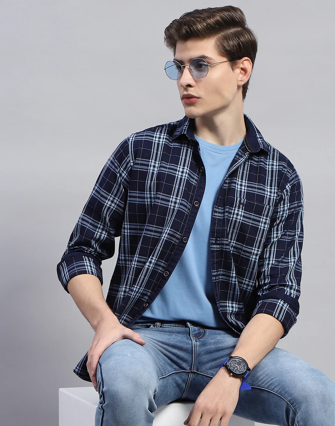 Men Navy Blue Check Collar Full Sleeve Shirt - Image 6