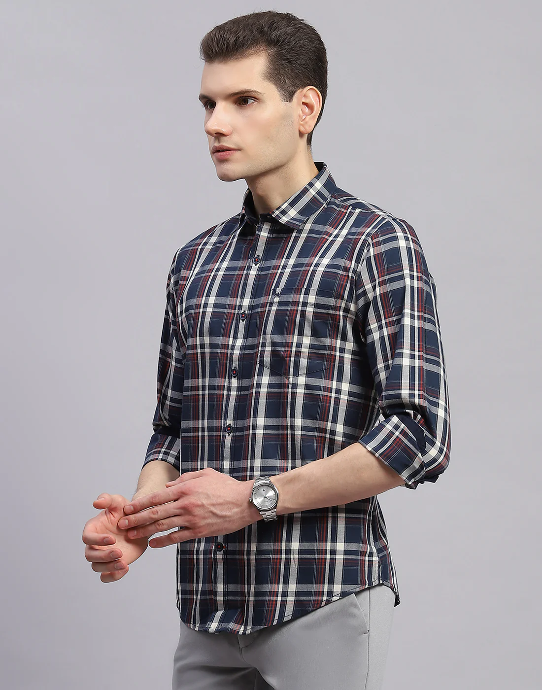 Men Navy Blue Check Collar Full Sleeve Shirt - Image 3