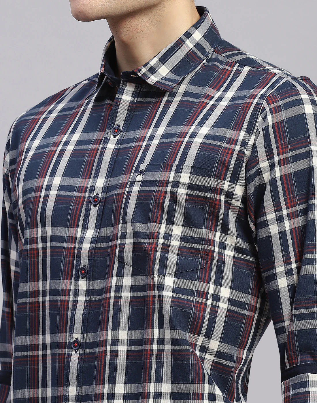 Men Navy Blue Check Collar Full Sleeve Shirt - Image 6