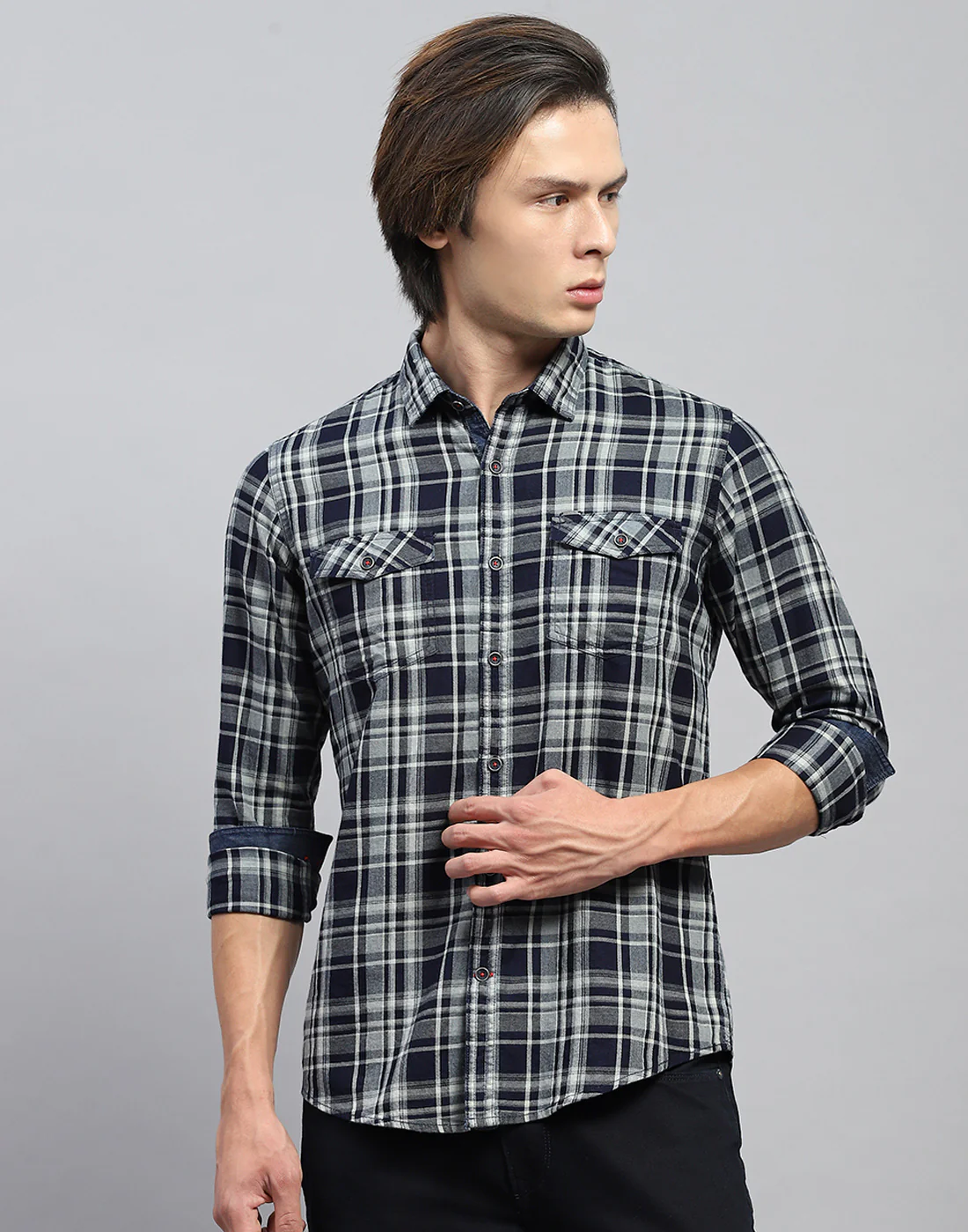 Men Navy Blue Check Collar Full Sleeve Shirt - Image 2