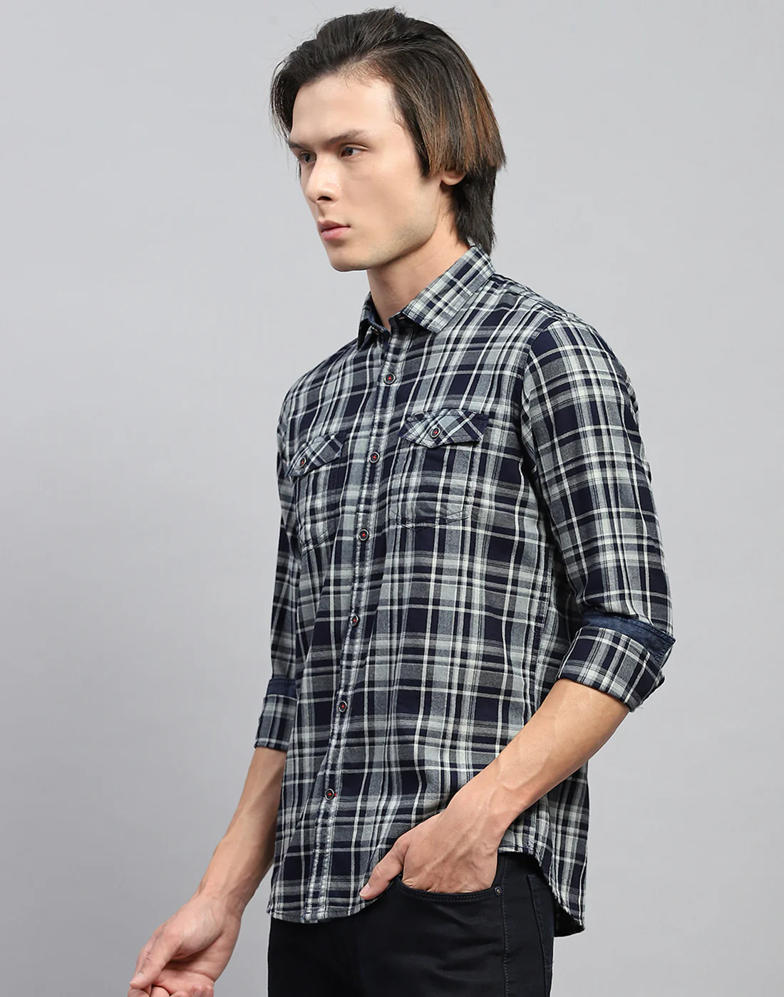 Men Navy Blue Check Collar Full Sleeve Shirt - Image 3
